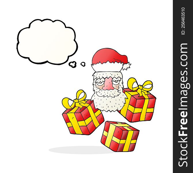 freehand drawn thought bubble cartoon tired santa claus face with presents