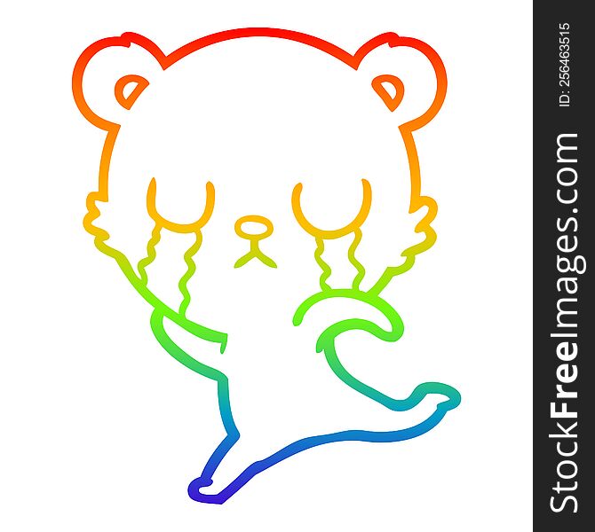 rainbow gradient line drawing of a crying cartoon bear running away