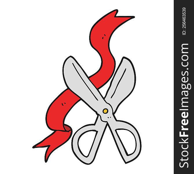 flat color illustration of a cartoon scissors cutting ribbon