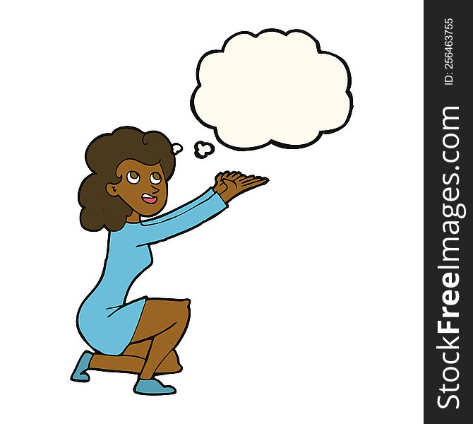 cartoon woman presentation gesture with thought bubble