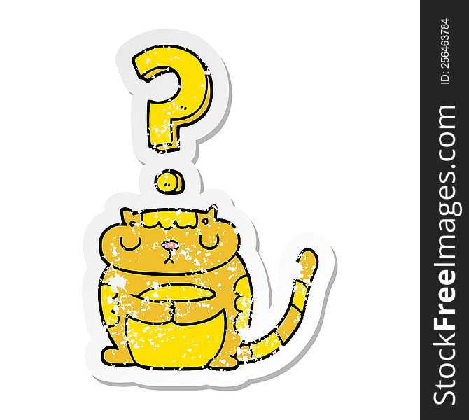 Distressed Sticker Of A Cartoon Cat With Question Mark