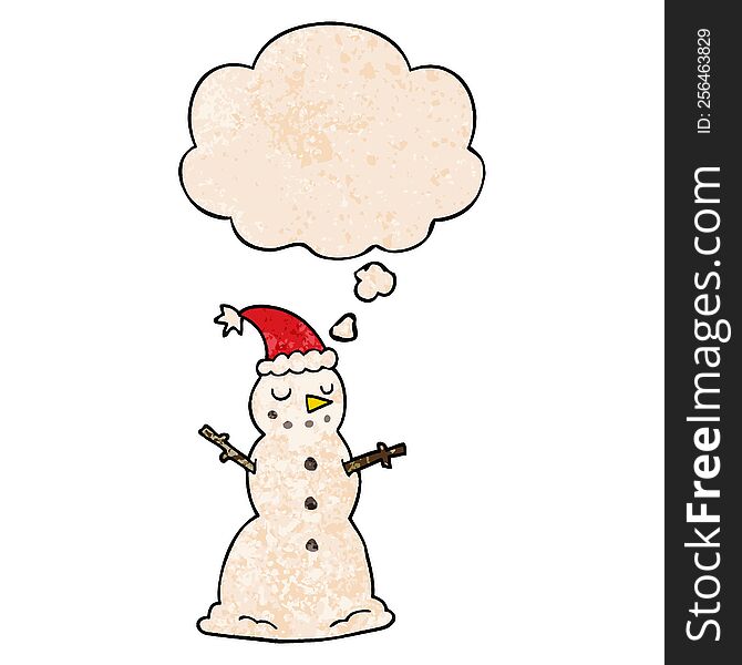 cartoon christmas snowman with thought bubble in grunge texture style. cartoon christmas snowman with thought bubble in grunge texture style