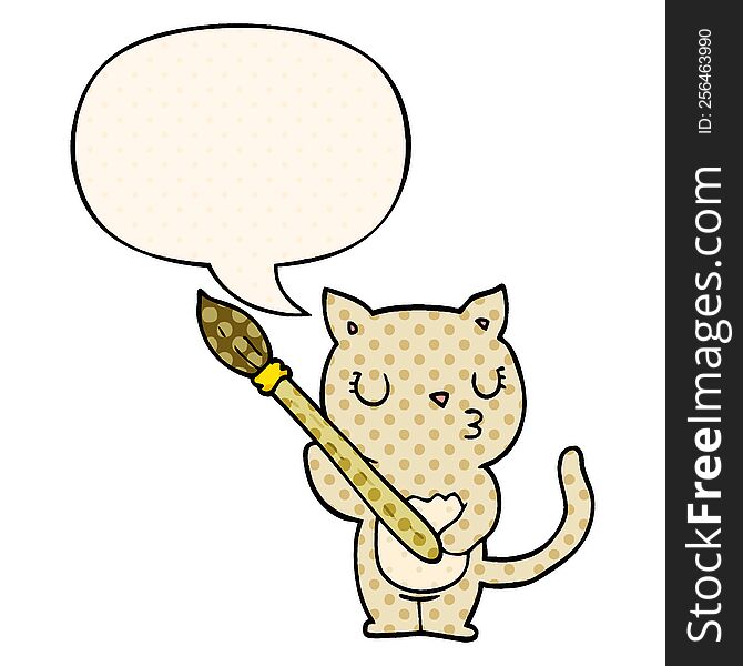Cute Cartoon Cat And Speech Bubble In Comic Book Style
