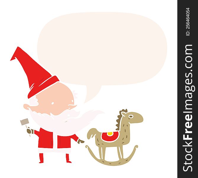 cartoon santa (or elf) making a rocking horse and speech bubble in retro style