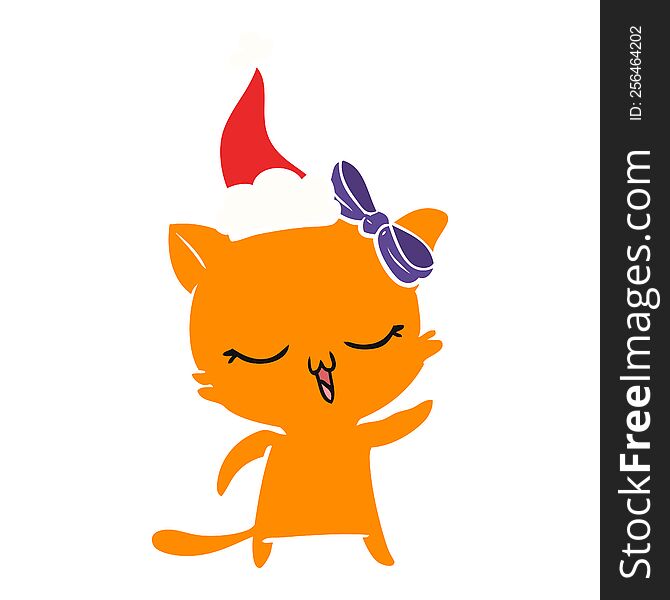 hand drawn flat color illustration of a cat with bow on head wearing santa hat