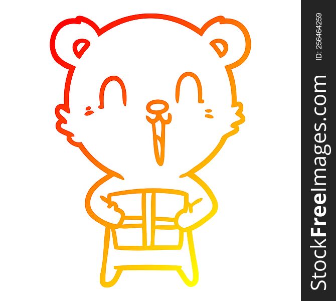 Warm Gradient Line Drawing Happy Cartoon Bear With Christmas Gift