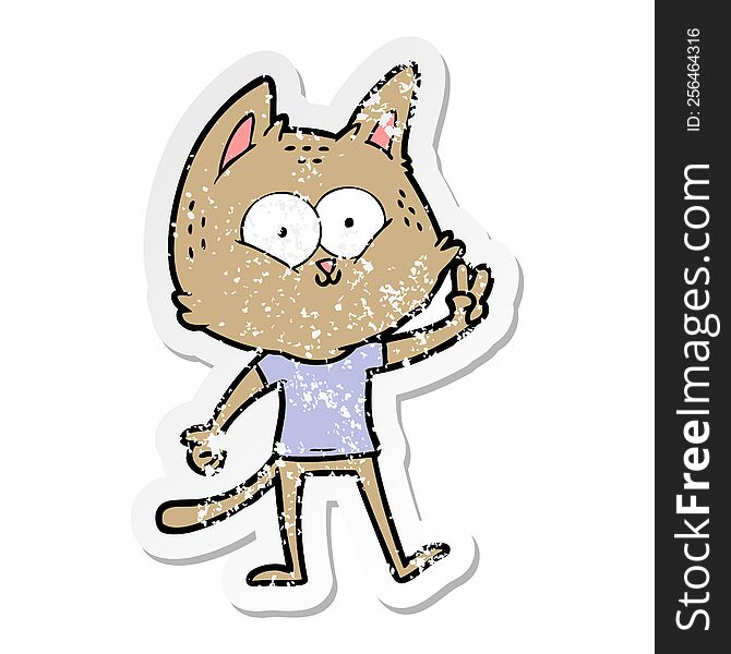 Distressed Sticker Of A Cartoon Cat Giving Peace Sign