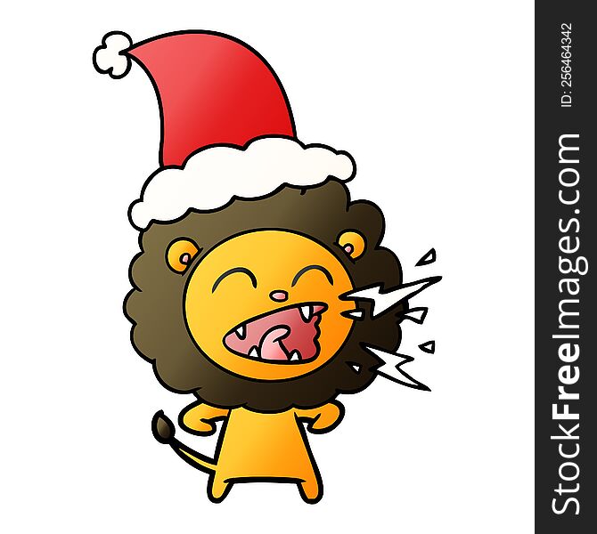 Gradient Cartoon Of A Roaring Lion Wearing Santa Hat
