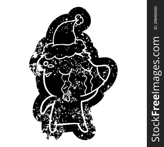 Cartoon Distressed Icon Of A Crying Bear Wearing Santa Hat