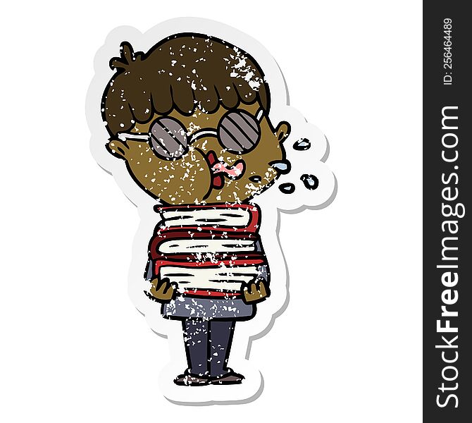 distressed sticker of a cartoon boy wearing dark glasses carrying books