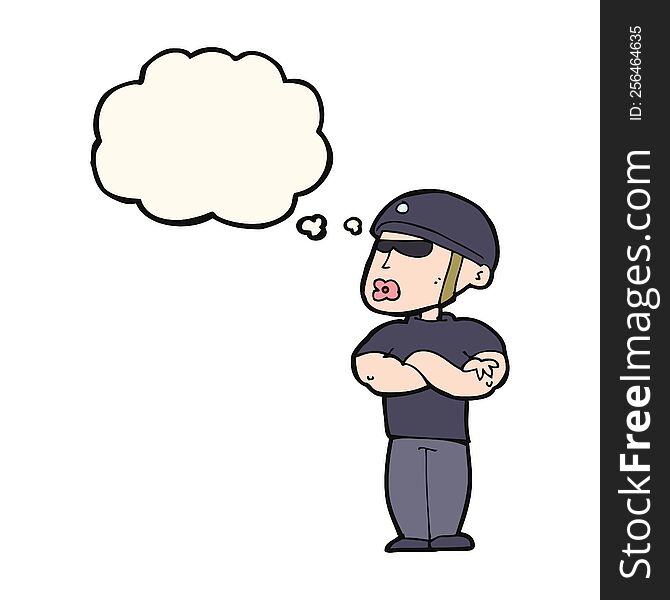 cartoon security guard with thought bubble