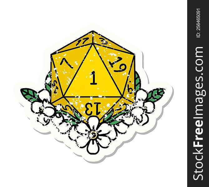 grunge sticker of a natural one dice roll with floral elements. grunge sticker of a natural one dice roll with floral elements