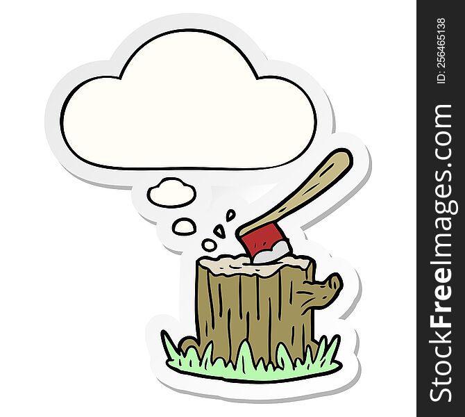 cartoon axe in tree stump with thought bubble as a printed sticker