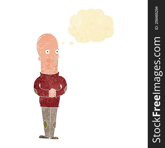 cartoon funny bald man with thought bubble