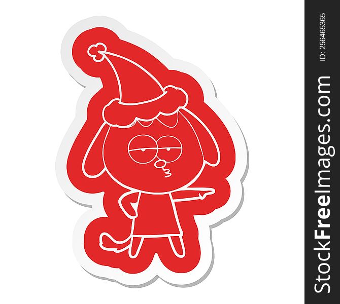 Cartoon  Sticker Of A Bored Dog Wearing Santa Hat