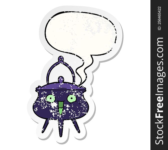 Halloween Cauldron Cartoon And Speech Bubble Distressed Sticker