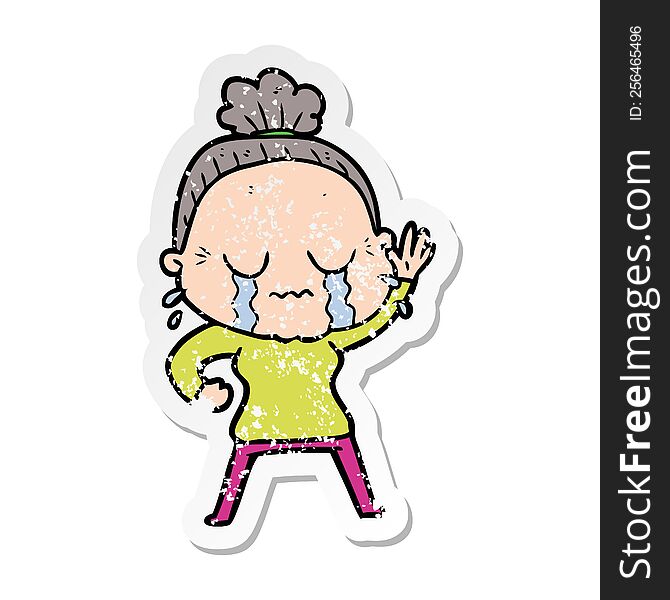 Distressed Sticker Of A Cartoon Old Woman Crying And Waving