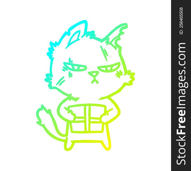 cold gradient line drawing of a tough cartoon cat with christmas present