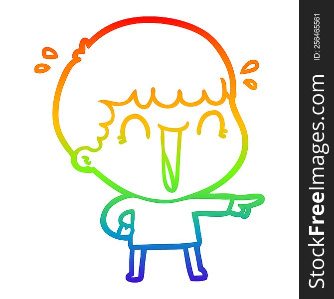rainbow gradient line drawing of a laughing cartoon man pointing finger