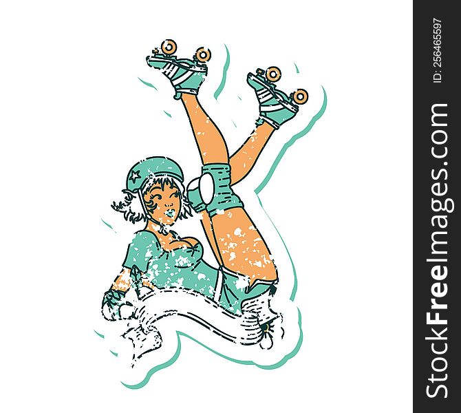 distressed sticker tattoo in traditional style of a pinup roller derby girl with banner. distressed sticker tattoo in traditional style of a pinup roller derby girl with banner