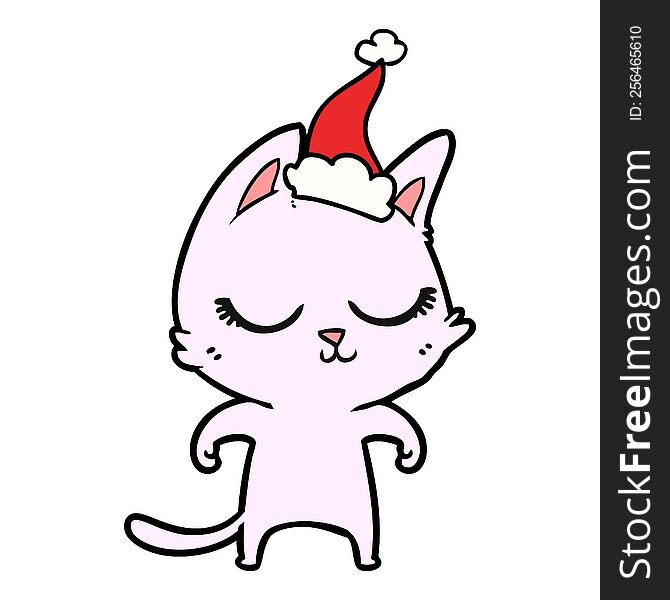 calm hand drawn line drawing of a cat wearing santa hat. calm hand drawn line drawing of a cat wearing santa hat