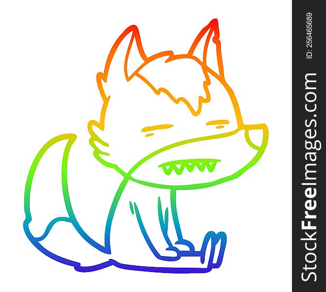 rainbow gradient line drawing of a cartoon sitting  wolf showing teeth