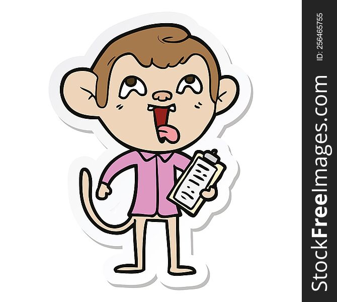 Sticker Of A Crazy Cartoon Monkey With Clipboard