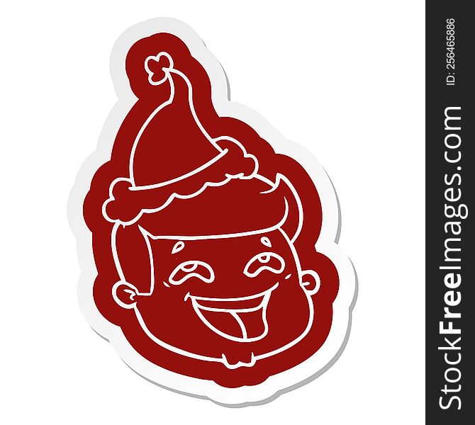 Happy Cartoon  Sticker Of A Male Face Wearing Santa Hat