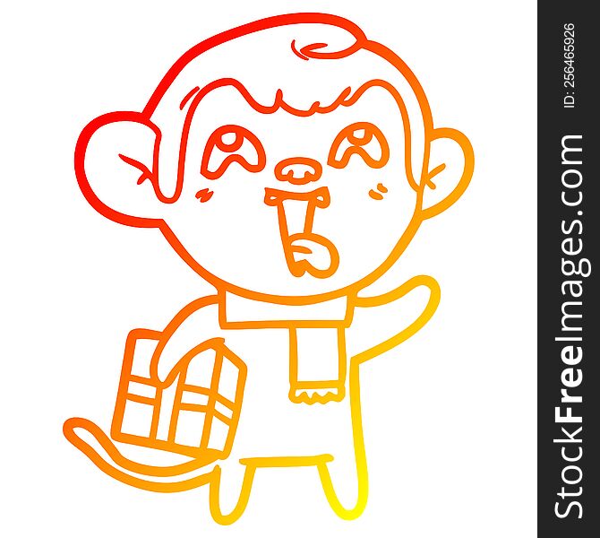 Warm Gradient Line Drawing Crazy Cartoon Monkey With Christmas Present