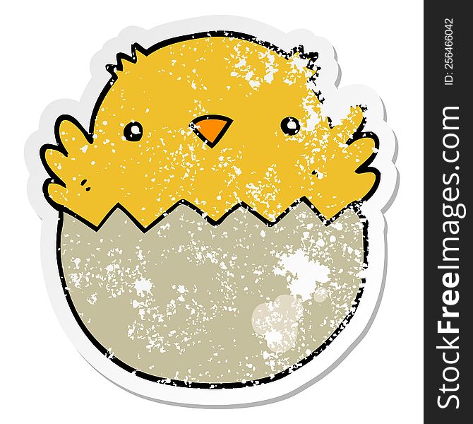 distressed sticker of a cartoon chick hatching from egg
