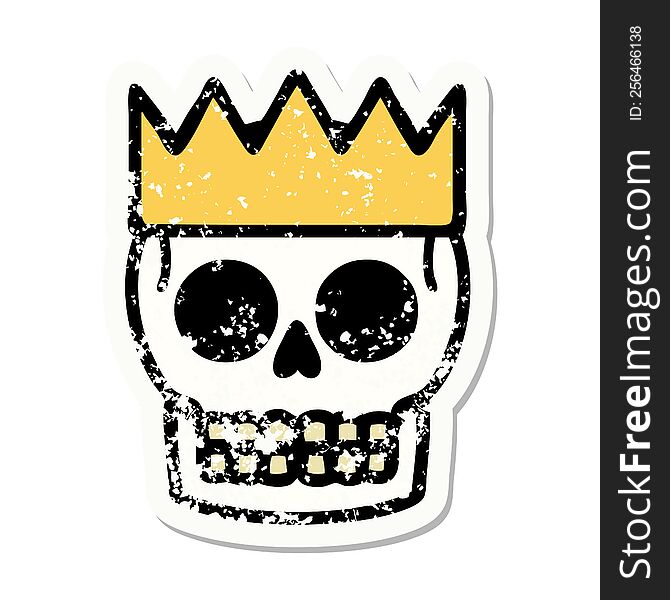distressed sticker tattoo in traditional style of a skull and crown. distressed sticker tattoo in traditional style of a skull and crown