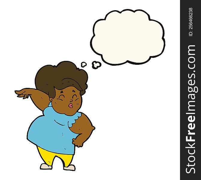 cartoon happy overweight lady with thought bubble