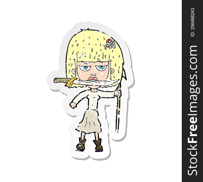 retro distressed sticker of a cartoon woman with knife and harpoon