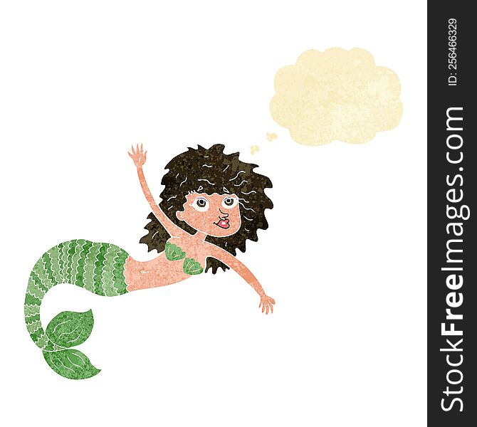 cartoon pretty mermaid waving with thought bubble