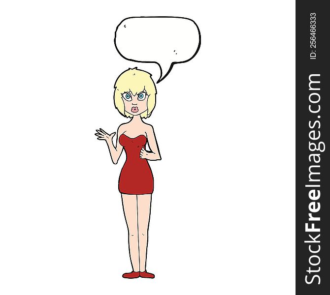 cartoon confused woman in cocktail dress with speech bubble