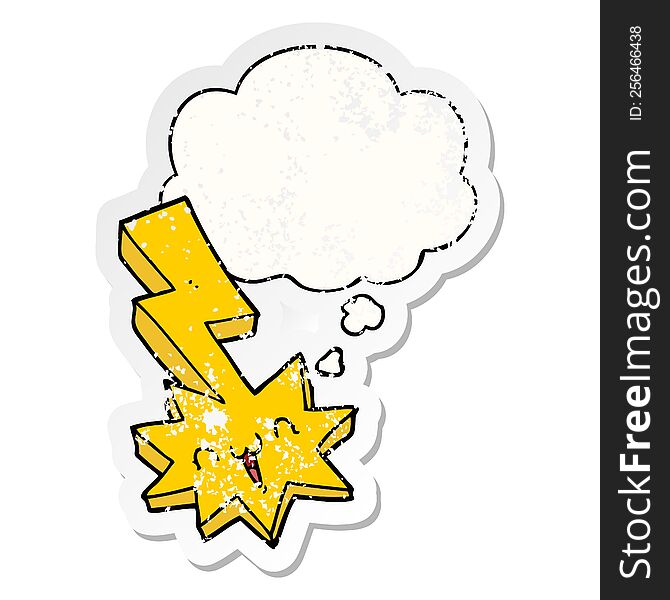 cartoon lightning bolt with thought bubble as a distressed worn sticker