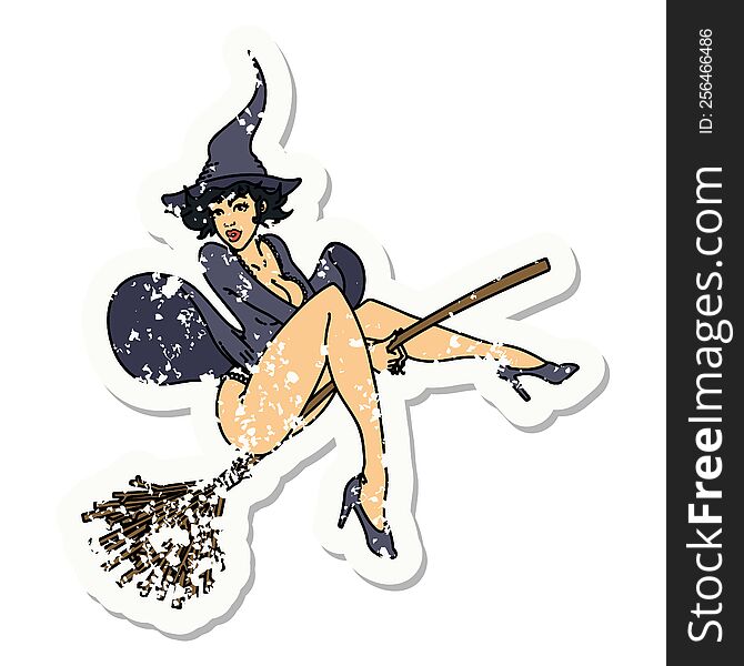 Distressed Sticker Tattoo Of A Pinup Witch