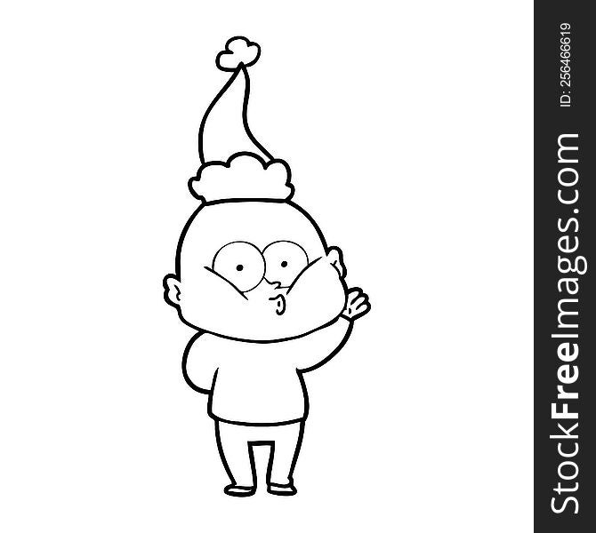 Line Drawing Of A Bald Man Staring Wearing Santa Hat
