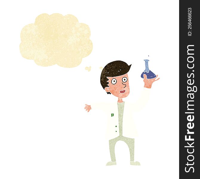 cartoon happy scientist with thought bubble