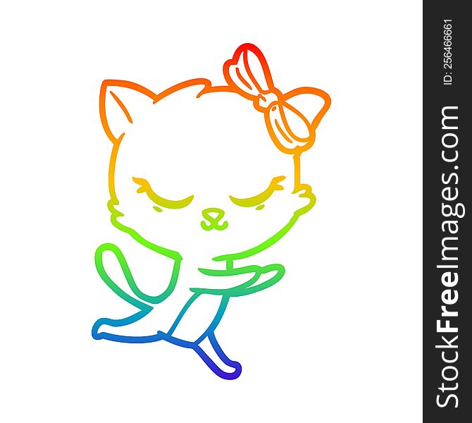rainbow gradient line drawing of a cute cartoon cat with bow