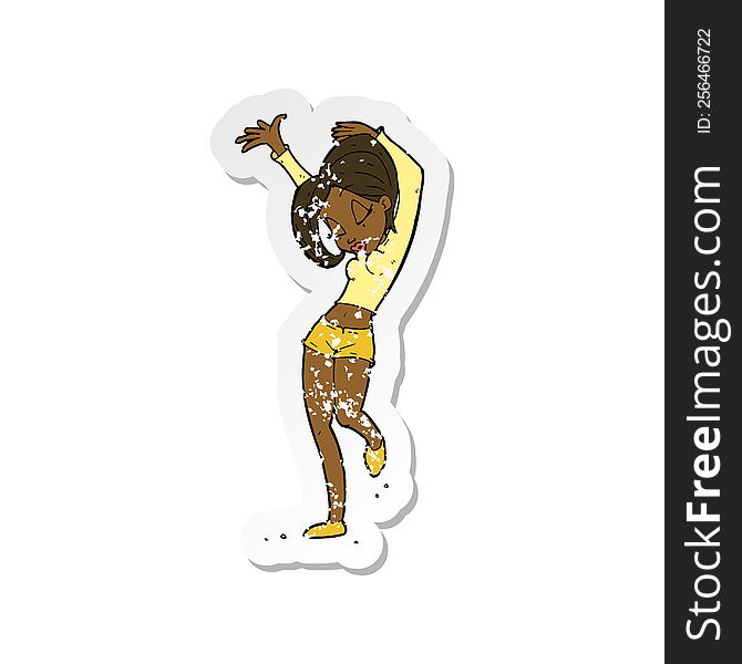 retro distressed sticker of a cartoon pretty woman dancing