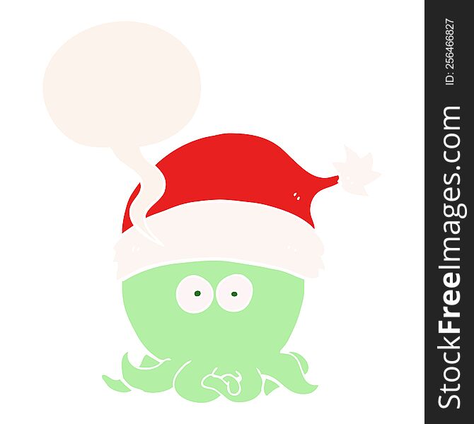 cartoon octopus wearing christmas hat with speech bubble in retro style