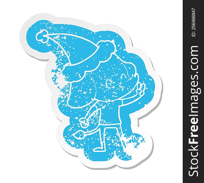 Cute Cartoon Distressed Sticker Of A Elephant Wearing Santa Hat