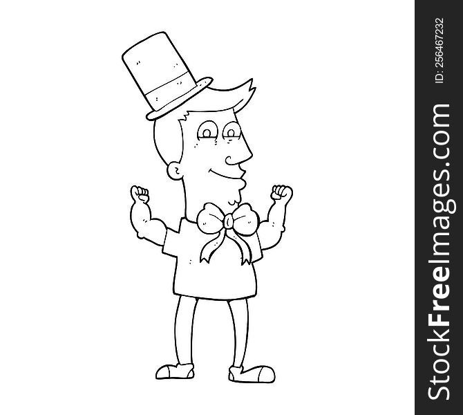 freehand drawn black and white cartoon celebrating man
