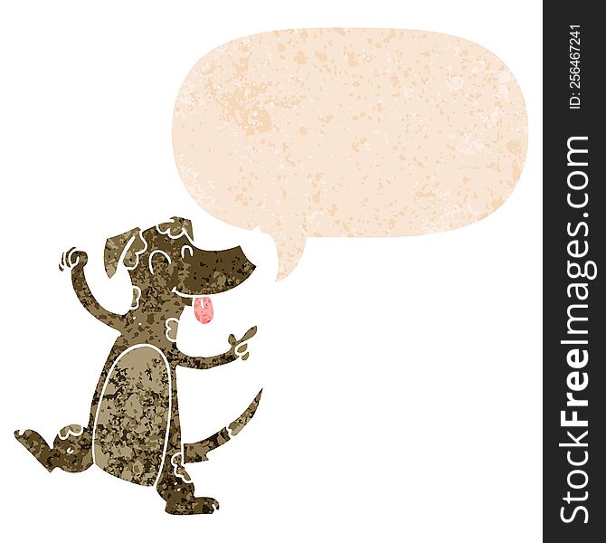 Cartoon Dancing Dog And Speech Bubble In Retro Textured Style