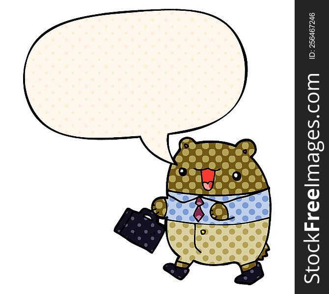 cute cartoon business bear with speech bubble in comic book style