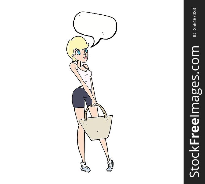 cartoon attractive woman shopping with speech bubble