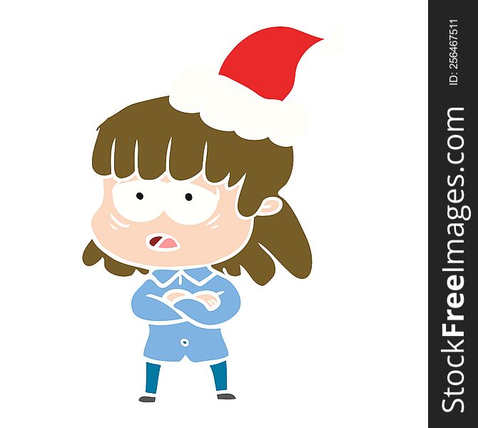 hand drawn flat color illustration of a tired woman wearing santa hat