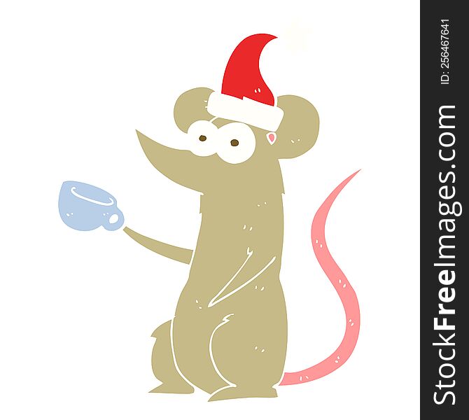 Flat Color Illustration Of A Cartoon Mouse Wearing Christmas Hat