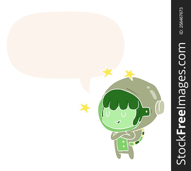 cartoon female future astronaut in space suit with speech bubble in retro style